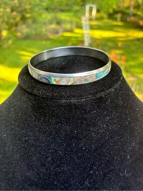 Alpaca Silver and Mother of Pearl Inlay Bangle Bracelet